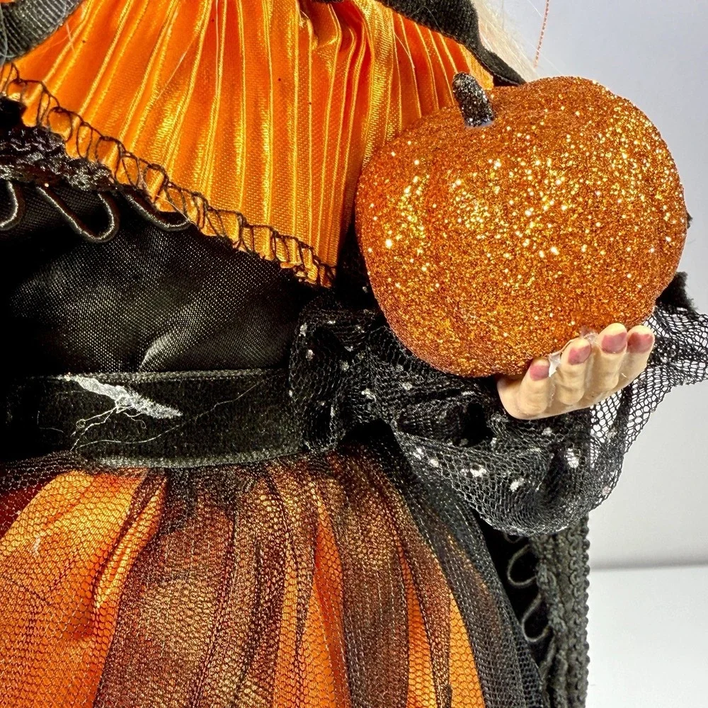 Halloween Witch Tree Topper Tabletop Figure Orange Black Whimsical Witchcore 16